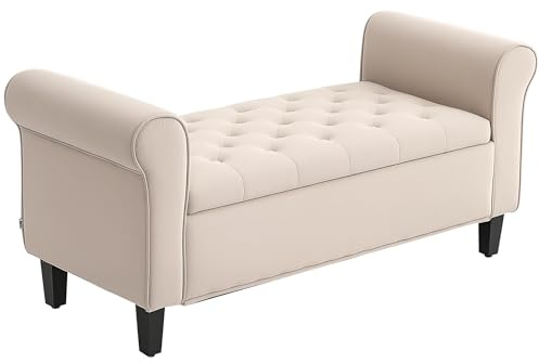 HOMCOM Panca Camera da Letto con Vano Contenitore e Braccioli Arrotolati, Panca Fondo Letto Imbottita in Tessuto Effetto Velluto, per Ingresso e Soggiorno, 126x48.5x57 cm, Beige