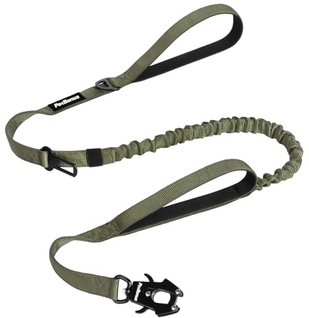 PetBonus kraftigt taktiskt hundkoppel, 150 cm bungeekoppel med 2 vadderade handtag, snabbkoppling, bilbältesfäste, dragfritt för stora och medelstora hundar (armégrön)
