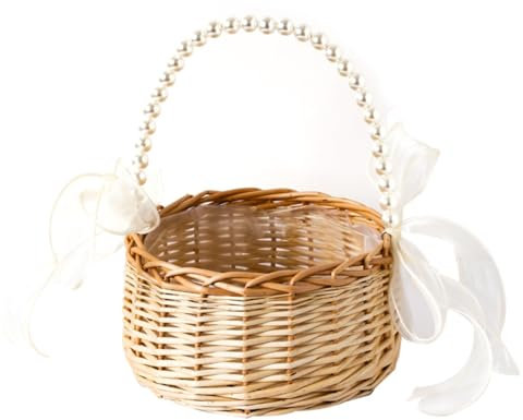 Cesto per fiori da sposa con manico in perle e fiocco in nastro, cestino in vimini intrecciato a mano, per matrimoni, casa, giardino, picnic all'aperto (1, L)