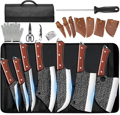 Aleevii Set di 14 coltelli professionali da macellaio, con custodia in nylon, di alta qualità e coltello da cuoco in acciaio inox con protezione per le dita, con lama affilata
