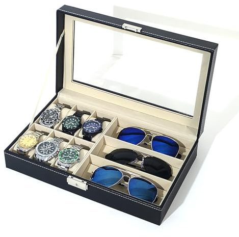Pasdrucn Boîte à Montres à 12 Emplacements Avec 3 compartiments pour lunettes de soleil en Cuir PU, Boite Rangement Montre avec Oreiller Amovible (Noir,B)