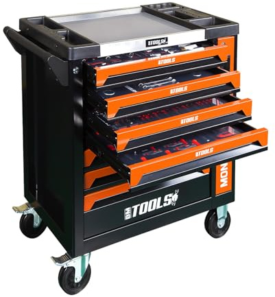 BM TOOLS Servante d'atelier Mécanique 9/7 Monster Orange 7 tiroirs Pleins, Tiroir en façade - 257 Outils - Chariot sur roulettes