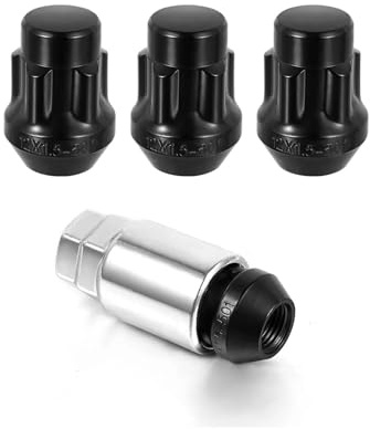 Schwarzes Radmuttern-Set mit Sicherungsmuttern, 4 Schlösser + Schlüssel, M12 x 1,5, 12 x 1,5, geschlossenes Ende, Ausbuchtung, 1,38 Zoll, Doppel-Sechskantschlüssel, 13/16 Zoll und 3/4 Zoll(M12x1.5)