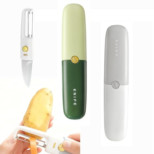 OHYER Pelador Serrado para Frutas y Verduras pelador de patatas multifuncional cuchillo plegable pequeño multifuncional para el hogar Se puede pelar o cortar (2, Verde gris-Doble cabeza 2 en 1)
