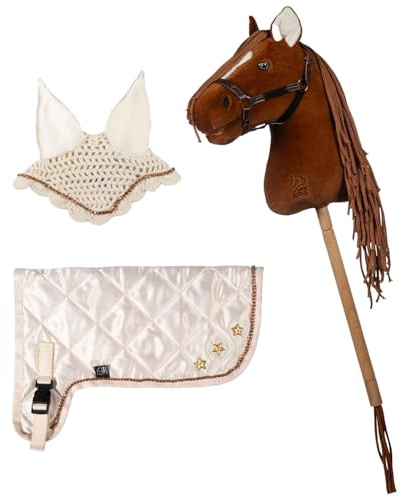 Brama West HKM Hobby Horse Premium Set – Steckenpferd mit Premium Decke & Fliegenhaube in Beige – mit Glitzersteinen & Stickerei – Kinder Hobby Horsing (Dunkelfuchs/Beige)