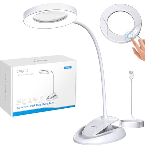 eSynic Desk Magnifying Glass with 40 Eye-Care LED Light 5X 10X Magnifier Lamp Tabletop & Clamp Style with Heavy Base| Smooth Dimming| Warm Cold Light| Adjustable Goose Neck for Hobbies Reading Craft