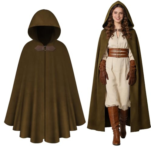 AOOWU Medieval con Capucha, Medieval Renacimiento Traje con Diseño de Hebilla de Metal, Estilo de Corte Retro para Capa Halloween para Cosplay, Capa Disfraz Halloween para Carnaval Fiesta Cumpleaños