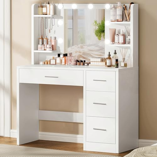 TEENFON Dressing Table, Vanity Desk with Mirror and Lights, Vanity table with 4 Storage Shelves for Bedroom, 4 Drawers 5 Jewelry Hooks White