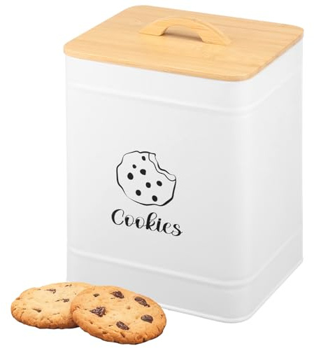 Airener 6L Cookie Jar with Bamboo Airtight Lid & Handle, Large Mental Biscuit Container Jars, Cute Cookie Tin Ktichen Biscuit Barrel Box for Cookies, Dessert, Rustic Home Decor(White)