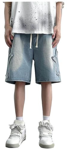 Generico Jeans Pantaloni Corti Uomo Blu Denim Shorts Bermuda Estivi Baggy retrò Pantaloncini Hip Hop Skateboard Pantaloni con Tasche