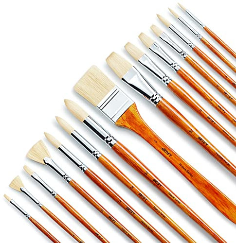 ARTIFY 15-teiliges professionelles Ölpinsel-Set mit natürlichen Borsten, Langer und Schwerer Stiel, perfekt für Öl- und Acrylmalerei aus 100% Reine Schweineborsten, Natur