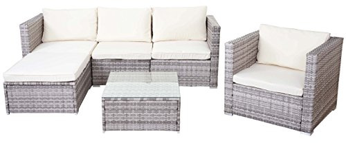 Mendler Poly-Rattan-Garnitur Brescia, Gartengarnitur Sitzgruppe Sofa Lounge-Set - grau, Kissen Creme