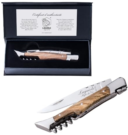 Laguiole Style de Vie Pocket Knife - Folding Knife from Olive Wood - With Corkscrew - Premium Dining - In Gift box