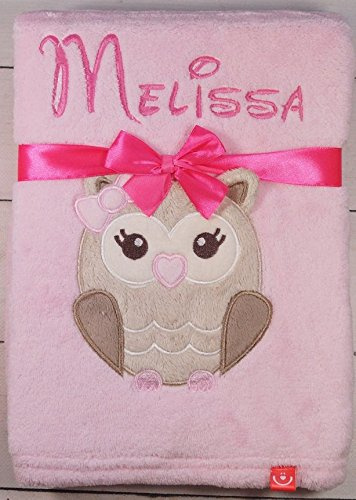 ★ Babydecke mit Namen und Datum Bestickt ★ Baby Geschenke ★ Geburt ★ (Rosa - Eule)