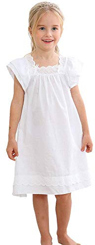 Flwydran nattskjortor flickor långärmad mjuk familjepyjamas lång nattklänning sovkläder, Vit kortärmad, 5-6 år