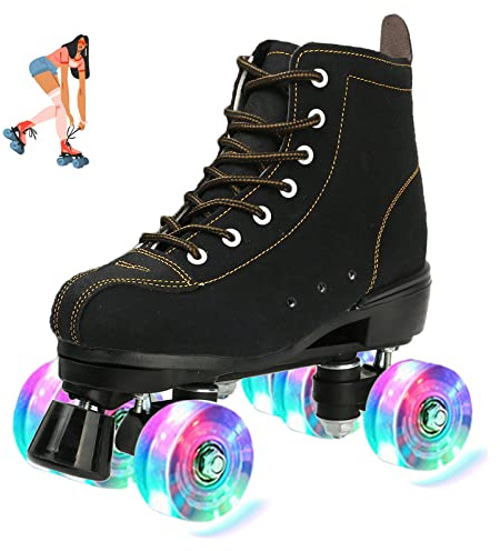 jessie Roller Skates Women High Top Cowhide Adjustable Shiny Light up Four-Wheel Women Roller Skates Adult Boys Girls with a Shoe Bag Indoor Outdoor Roller Skates(Women Size 10 / Men Size 8)