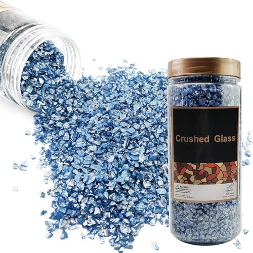 HappyFiller 1.3 Pound Broken Crushed Glass 3-7mm Fairy Garden Succulent Gravel Soil Cover Mini Stone Pieces,Vase Filler,Candle Holder Decor Mini Rock,DIY Resin Art,Paint,Craft Glitter,Pacific Blue