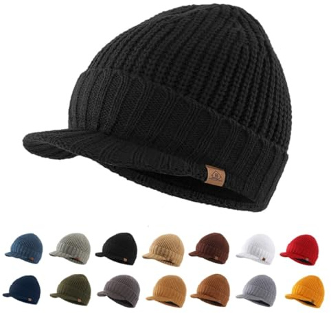 Magracy Cappello invernale da uomo con visiera in maglia spessa con picco per esterni, Nero , Taglia unica