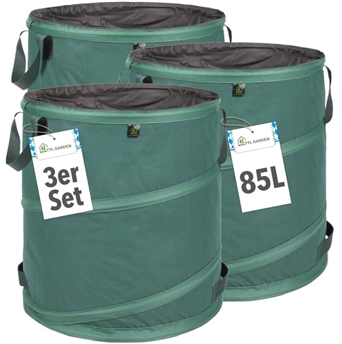 TTL GARDEN 3x Pop Up Gartensack Premium 85L - 220gsm 600D Oxford Gewebe | - 3er Set 85 Liter – Gartenabfallsack, Laubsack, Sack für Gartenschnitt faltbar selbstaufstellend extra robust & wasserfest