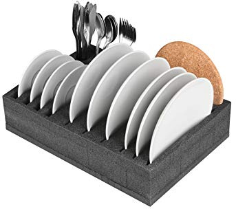 Schaumex® tallrikshållare och bestickhållare med plats för 12 tallrikar – små och stora tallrikar även sopptallrikar – för camping, husbilar, husvagnar och båtar – extremt lätt och robust –