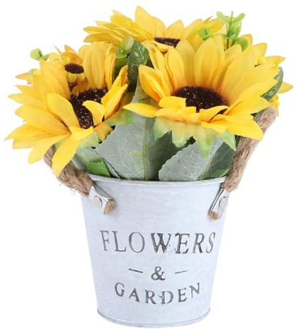 Amosfun KüNstliche Sonnenblume Im Retro-EisenbehäLter Mit Juteseil, Langlebige Und Pflegeleichte Dekoration FüR Zuhause, Hochzeit Und Party, 7.87 X 7.87 X 2.76 Zoll, Gelb