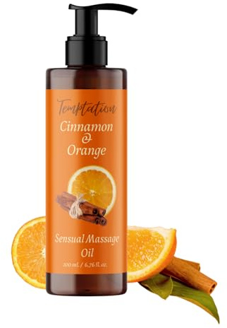 QKnatur – Orange-Zimt Massageöl BIO Temptation – 200 ml – für entspannende und revitalisierende Körpermassagen. Ideal für Paare