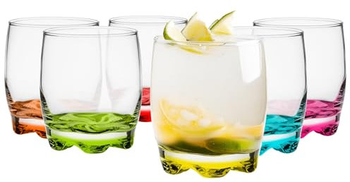 Glasmark KROSNO 1992 Juego De 6 Vasos Para Cócteles 250 ml Copa De Vidrio Para Agua Beber Long Drink Forma Baja Alto Brillo Transparencia Con Base De Colores