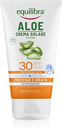 equilibra Solari, Aloe Crema Solare SPF 30, a Base di Aloe Vera, Vitamina C ed E, Olio di Argan, Olio di Cocco e Burro di Karité, Assicura un'Abbronzatura Sana e Naturale, Water Resistant, 150 ml