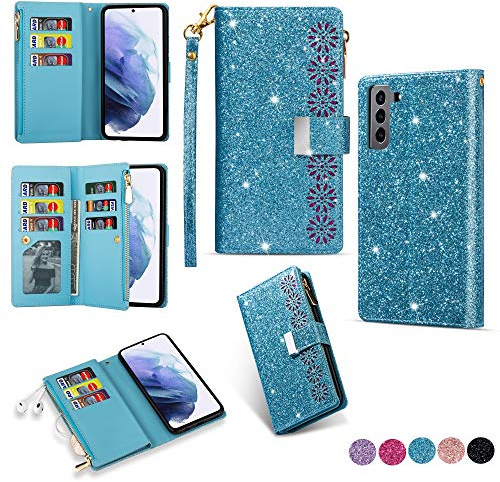 for Samsung S22 5g Case Wallet,Glitter Carving Zipper Handbag with 9 Card Slots & Wrist Strap,Stand Flip Protective Cover for Women Magnetic Phone Case for Samsung Galaxy S22 5G (Sky Blue)