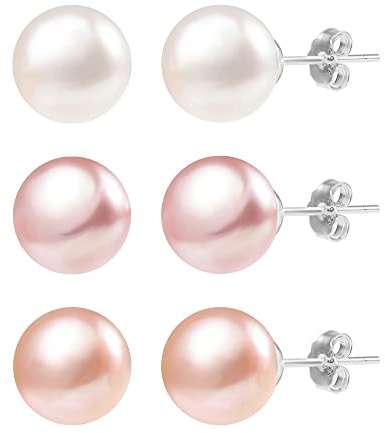 3 Pairs 925 Sterling Silver Cultured Pearl Stud Earrings Set AAA Pearl Studs Hypoallergenic Sterling Silver Post Pearls Earrings for Women(White/Pink/Purple 7mm)