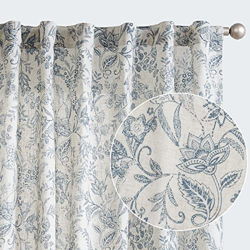 Lazzzy Linen Blue Floral Print Curtains 84 Inch Long Back Tab Drapes for Living Room Bedroom Semi Sheer Patterned Country Vintage 2 Panel Set Rod Pocket Blue on Beige