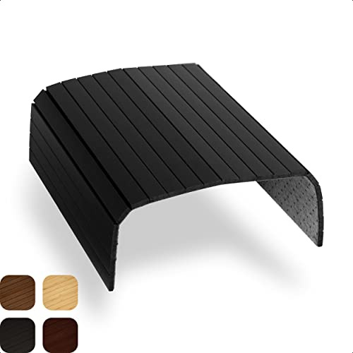 Tuko Armlehne Sofatablett - Bambus Couchtablett Schwarz | Flexibler Getränkehalter & Sofa Ablage | Holztablett für Sofalehne & Couch | Rutschfeste Unterseite | Sofa Tray