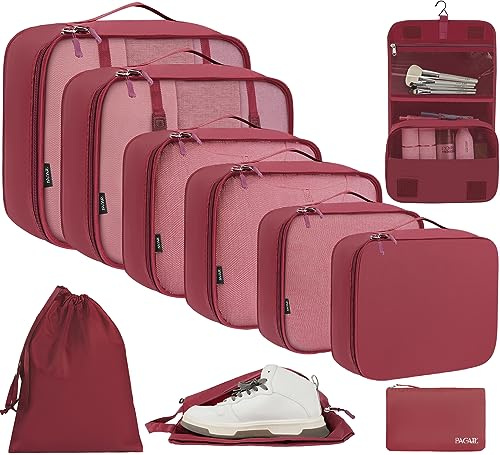 BAGAIL 10er-Set Packwürfel in verschiedenen Größen Packorganizer für Reisezubehör Handgepäck Koffer – Burgunderrot