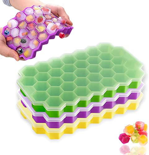 Ice Cube Trays, 3 Pack Silicone Ice Cube Moulds, BPA Free Food Grade Silicone Ice Cube Mould with Stackable Removable Lids, Makes Hexagonal Ice Cubes for Chilled Drinks, Whiskey, Cocktails