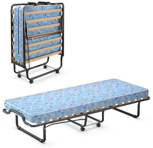 COSTWAY 90x200cm Gästebett mit Matratze aus Rückstellschaum, Klappbares Einzelbett, Stabiler Metallbett bis 120 kg, Klappbett auf Rädern, Faltbett für Camping & Gästezimmer, Tragbares Bett (Blau)