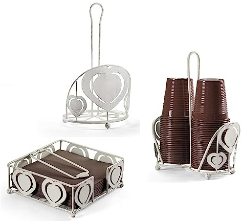 EDITACASA - Set 3 pezzi Porta Bicchieri, Porta Tovaglioli e Porta Rotolo- in metallo il set- kit segue uno stile shabby chic anticato