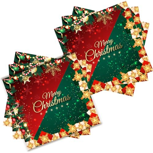 POPOYU 20 Papierservietten, Weihnachten, 3-lagig (33 x 33 cm), Servietten rot grün, Papierservietten mit Motiv Frohe Weihnachten, Schnee, Lebkuchenmann, Nussknacker, Dekoration, 137 x 274 cm