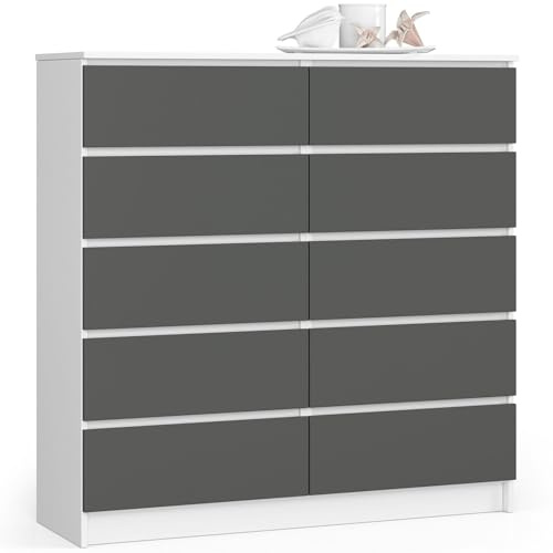 AKORD Kommode K 120 cm | 10 Schubladen | für Wohnzimmer Schlafzimmer Schrank Wohnzimmer | Modernes Funktionelles Design | 16mm Schichtstoffplatte | Farbe Weiß-Graphitgrau