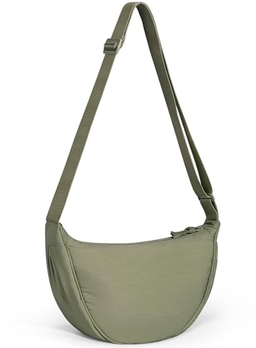 Yuson Girl Damen Halbmond Crossbody Schultertasche, Casual Moon Bag Einfarbige Tragbare Handtasche Nylon Halfmoon Crossbody Bag Umhängetasche mit Verstellbarer Schultergurt(Olivgrün)
