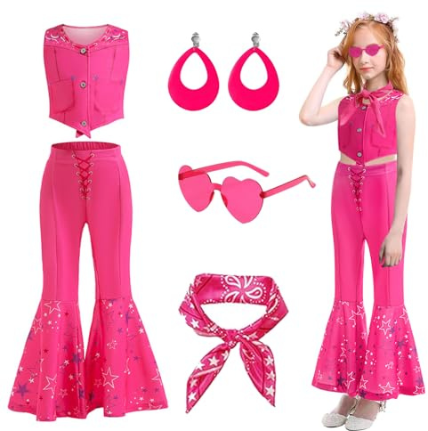 Costume De Pour Fille DéGuisement Cowgirl Enfant Costume Hippie Disco Des AnnéEs 70 Et 80 Avec éCharpe Et Lunettes Boucles D'Oreilles Pour Fancy Dress Halloween Carnaval Anniversaire 8-9ans,130