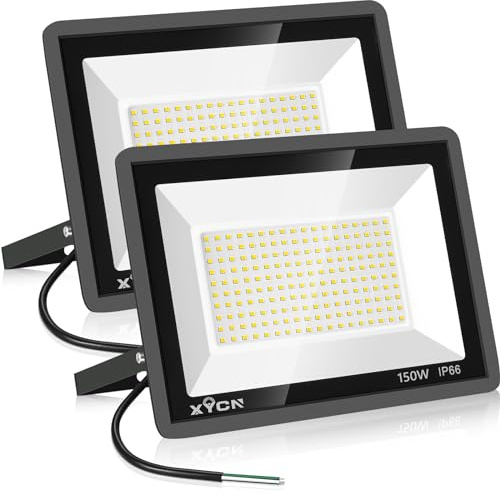 XYCN 2 Pack 150W Warm White LED Flood Light,3000K Outside Flood Light,No Plug,15500LM Super Bright Outdoor Security Lights, IP66 Waterproof Floodlight for Yard,Playground,Garage, Garden, Lawn