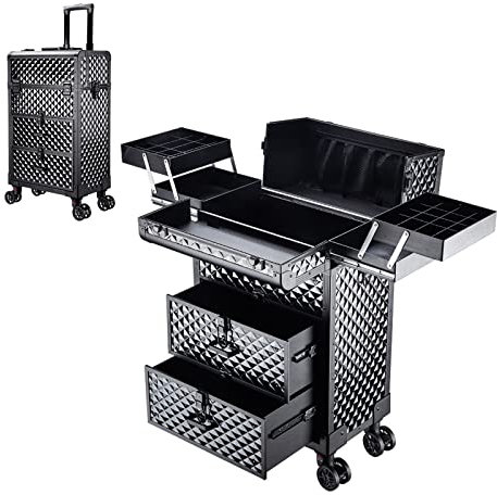 Professionell Schminkkoffer Groß Kosmetikkoffer Mit Rollen, Aluminium, Artist Train Case Trolley Makeup Organizer, Mit Sicherheitsschloss,Schwarz Kosmetikkoffer Mit Schubladen