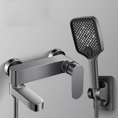 BiaoTeng Bath Mixer Tap Shower & Bath Taps Grey, Wall Mounted Brass Bath Taps Single Handle 2 Modes, Wall Mounted Bath Mixer Taps with Shower Head