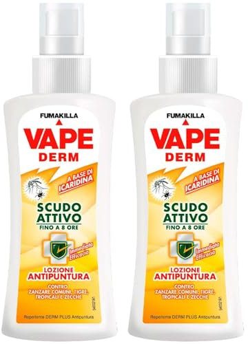 Vape Derm Lozione Scudo Attivo Bipacco 100ml x 2, Lozione Repellente Zanzare, Zecche e Tafani, Protezione per Adulti e Bambini anche con Sudore