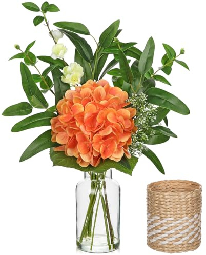 Hollyone Hortensien Künstliche Blumen mit Vase, Falsche Hortensie Blumen Orange, Faux Pflanzen und Blumen in Vase, Seidenblumen in Glasvase für Tisch Centerpiece, Haus, Büro, Hochzeit Dekoration