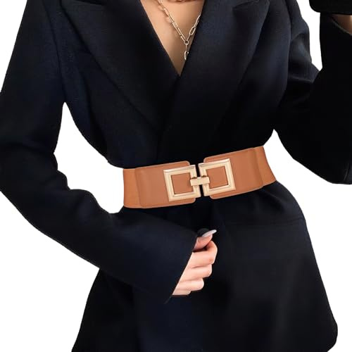 JasGood Damen Breiter Elastischer Taillengürtel Vintage Hüftgürtel Stretchy Kleider Gürtel mit Goldener Schnalle,Braun,100cm