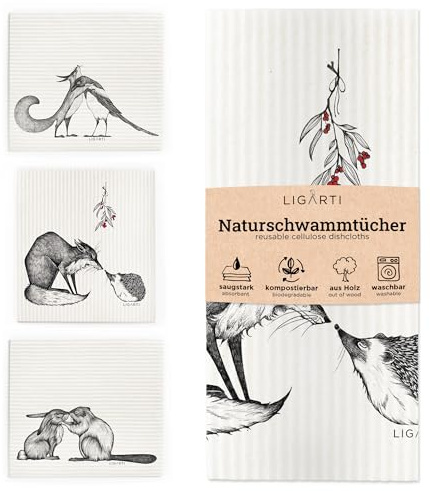Ligarti® Schwammtücher aus Holz (100% öko & waschbar) 3er Set Spültücher nachhaltig kompostierbar I Allzwecktücher für den Haushalt Made in Germany I Spüllappen, Spülschwamm (Kuscheltiere)