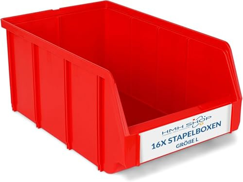 HMH 16x Stapelboxen Größe L Werkstatt Garage Keller Sichtlagerboxen 335x209x152mm Lagerboxen ROT Sichtlagerkästen Kleinteile Aufbewahrung