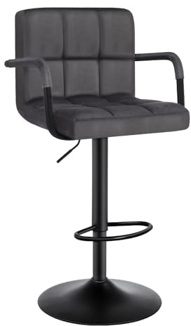 WOLTU Barhocker, Barstuhl Höhenverstellbar, Samt-Bezug, Dunkelgrau | Bar Stool mit Rückenlehne, Drehstuhl mit Armlehnen, Fußstütze, Robuster Metallrahmen, für Küche und Hausbar, Modern