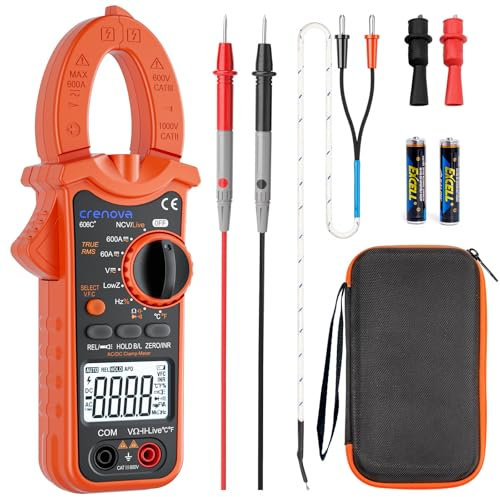 Crenova Digital Clamp Meter, 6000 Counts TRMS Multimeter, DC Amp Clamp Meter, AC/DC Current/Voltage, Resistance, Capacitance, Frequency, Duty Cycle, Temperature, Continuity, Diode, NCV, Live Wire Test